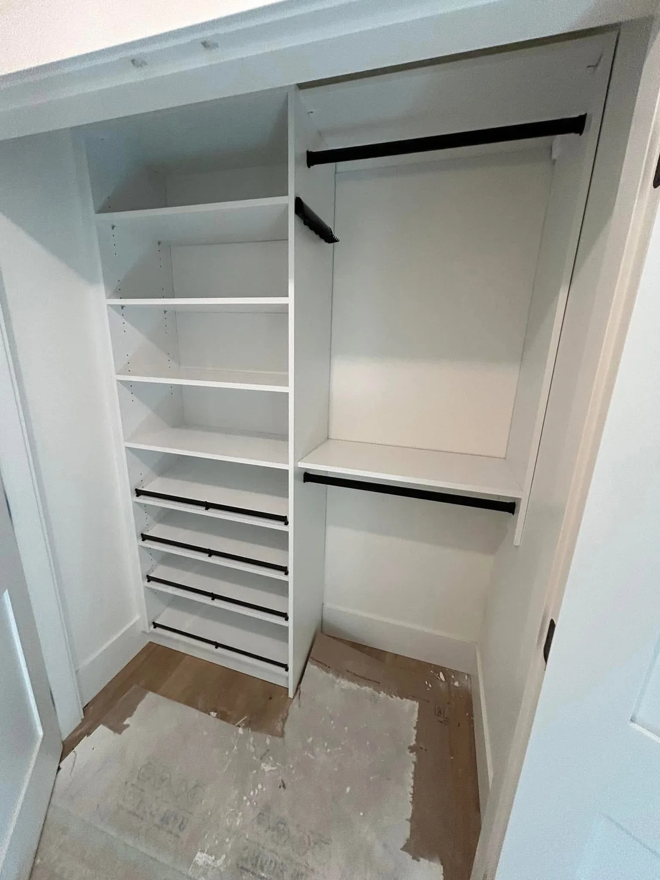 Compact custom closet using shelving and hanging storage
